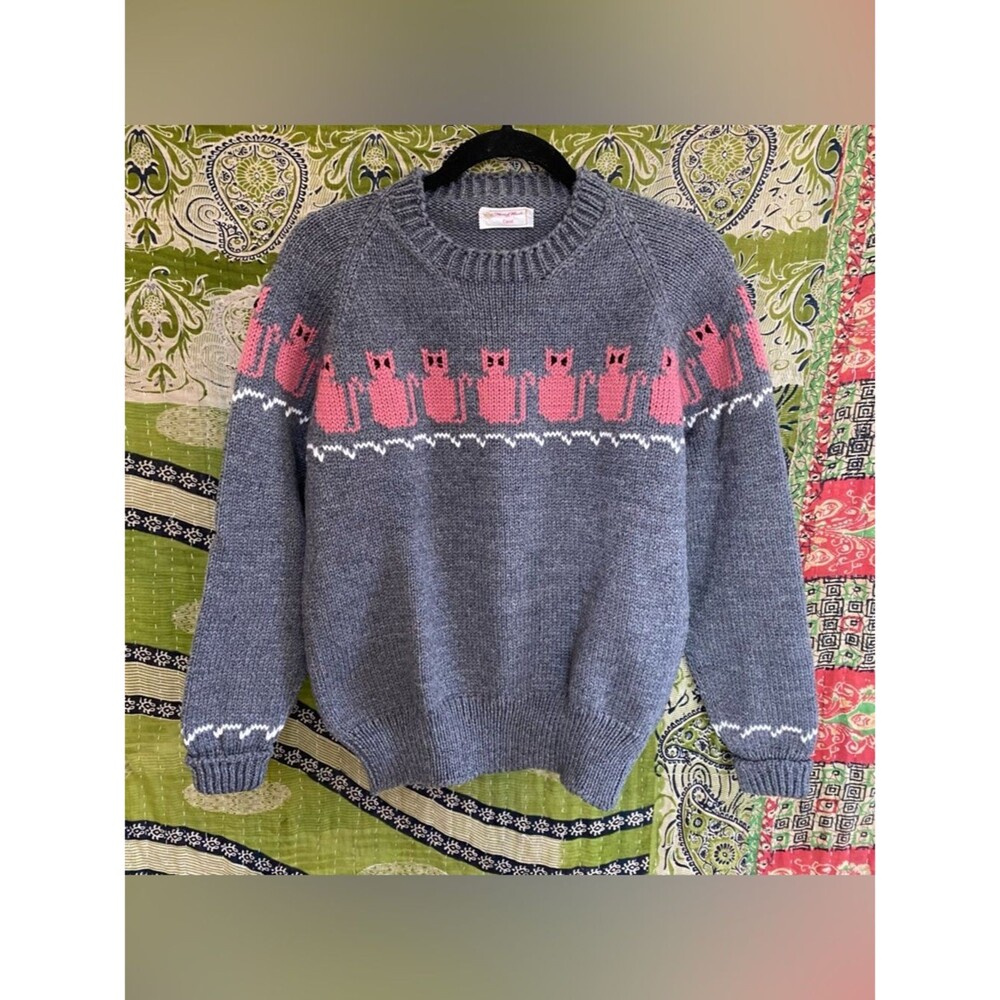 Handmade by Carol Gray/ Pink 100% Wool Cat Knit Sweater Size Small Teachercore